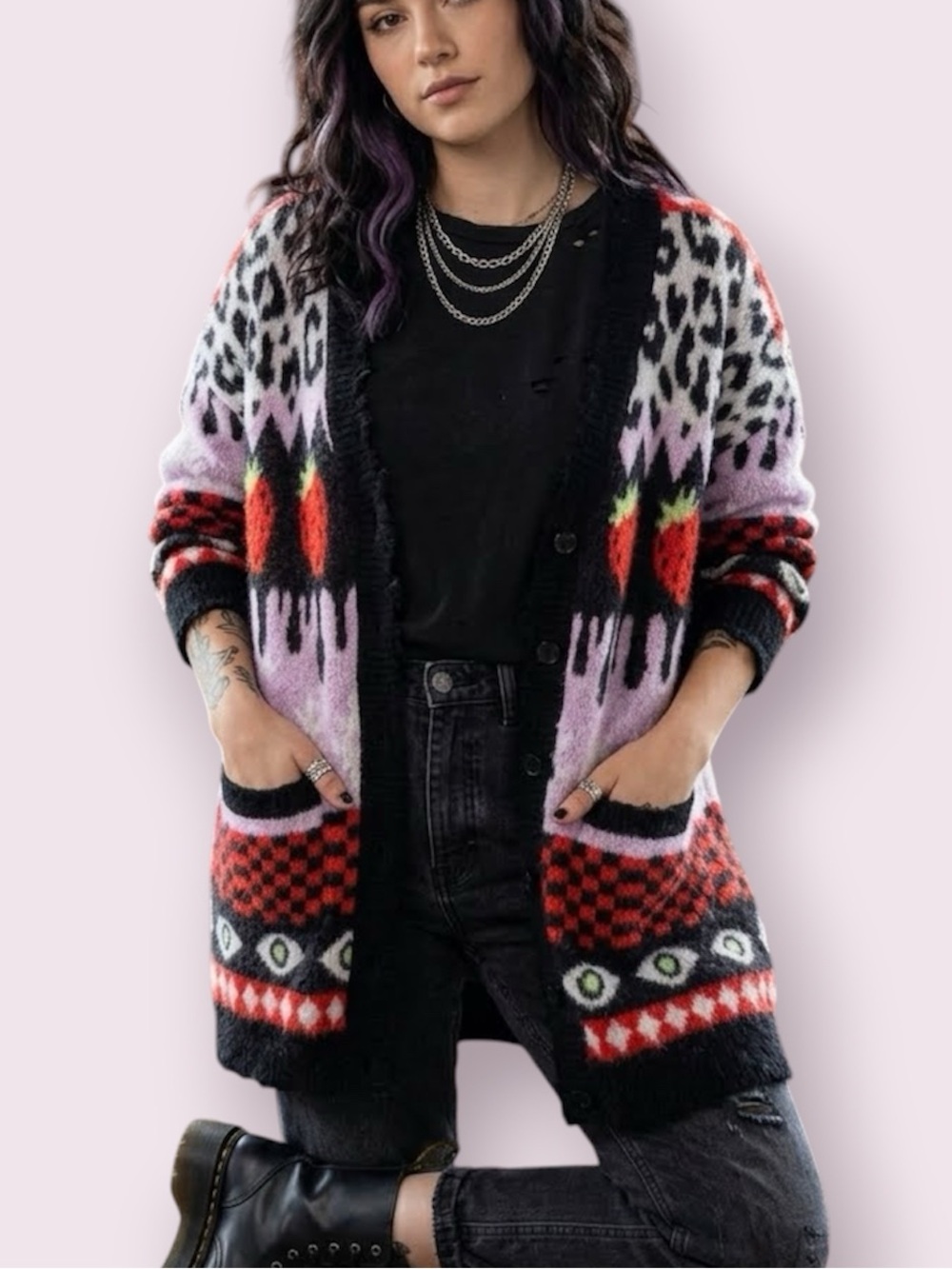 Forever 21 Mixed Strawberry Print Longline Cardigan Sweater Plush Fuzzy 1X